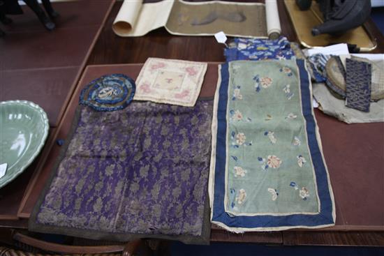 A group of Chinese late Qing dynasty embroidered panels including a Mandarin square